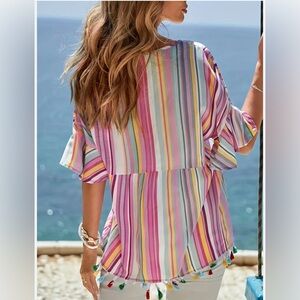 Kori Womens Pink Stripe Tassel Blouse Size L